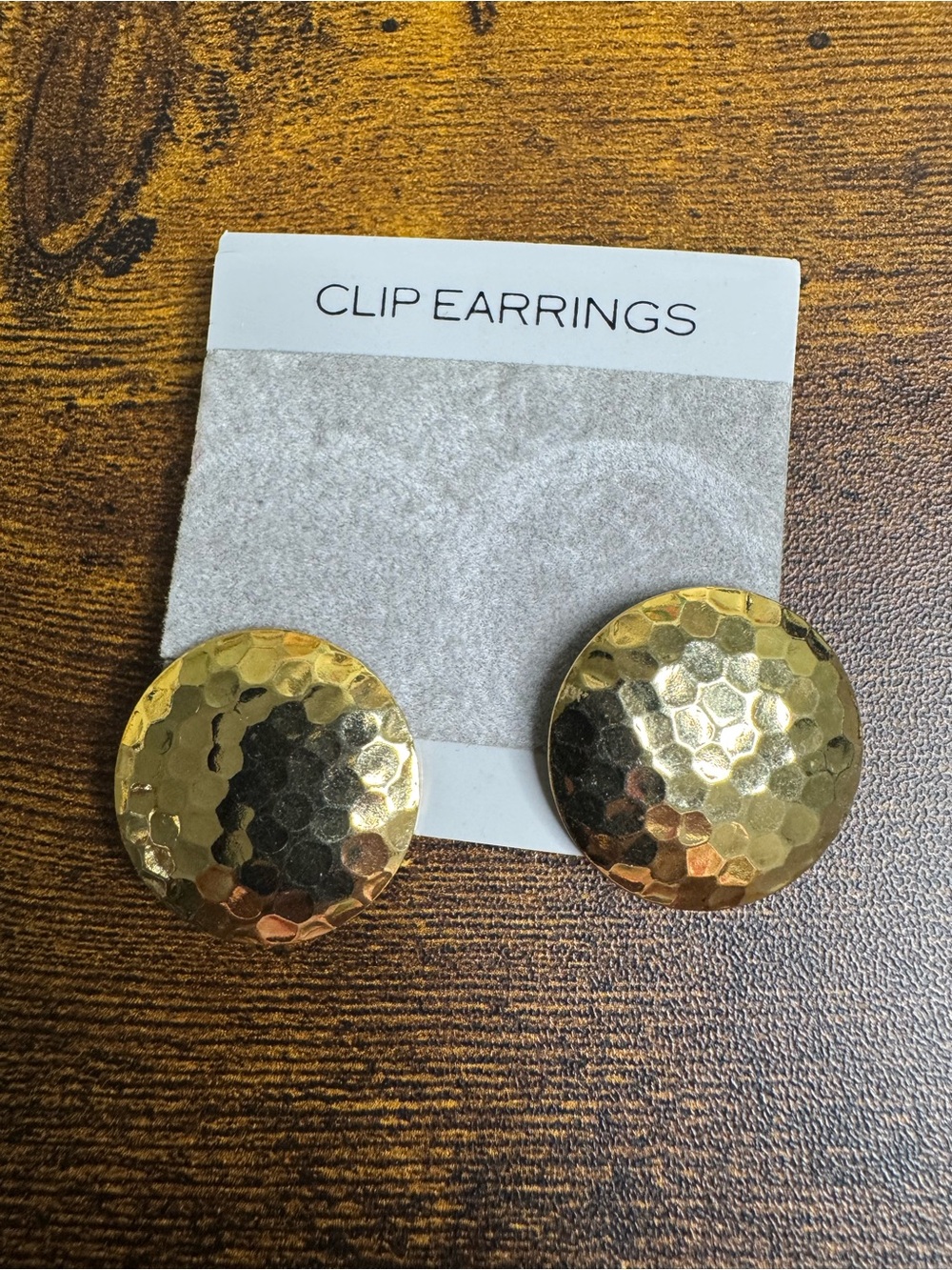 Vintage Modernist Gold Tone Hammered Disc Clip-On Earrings